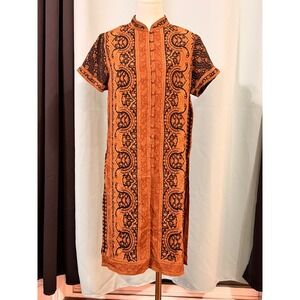 Ritu Kumar Paisley Tunic Dress Orange Black Large Mandarin Collar Boho Chic